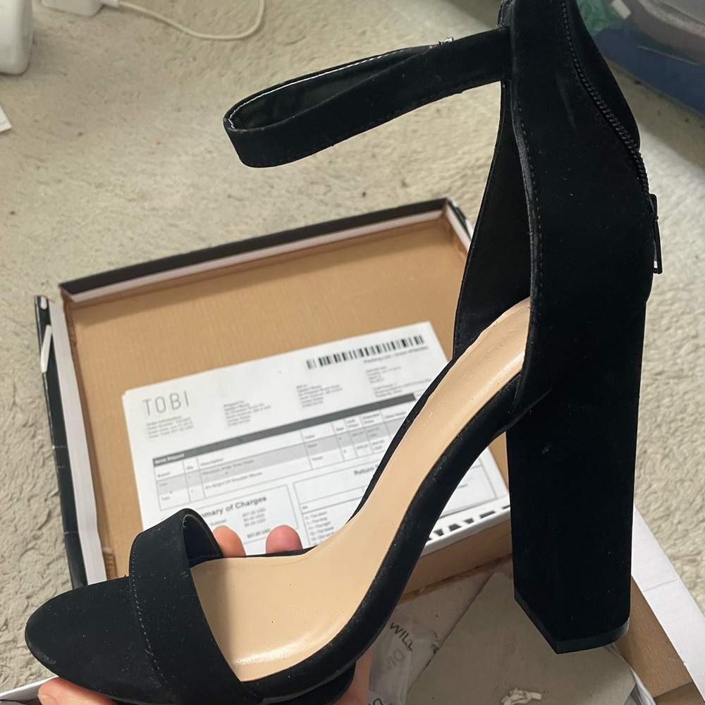 Tobi Black Suede Block Heel Ankle Strap Sandals
